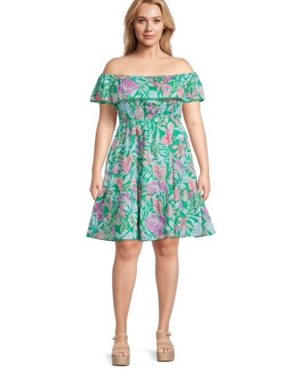 Off-Shoulder Embroidered-Trim Floral Elastic-Waist Dress Cotton Size 0X